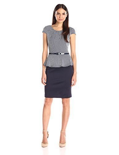 Connected Apparel Womens Cap Sleeve Dot Peplum with Belt Navy/White Size 12