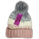 Rampage Colorblock Cold Weather Knit Beanie Cap Hat W/ Pom Pom Ivory Grey Pink