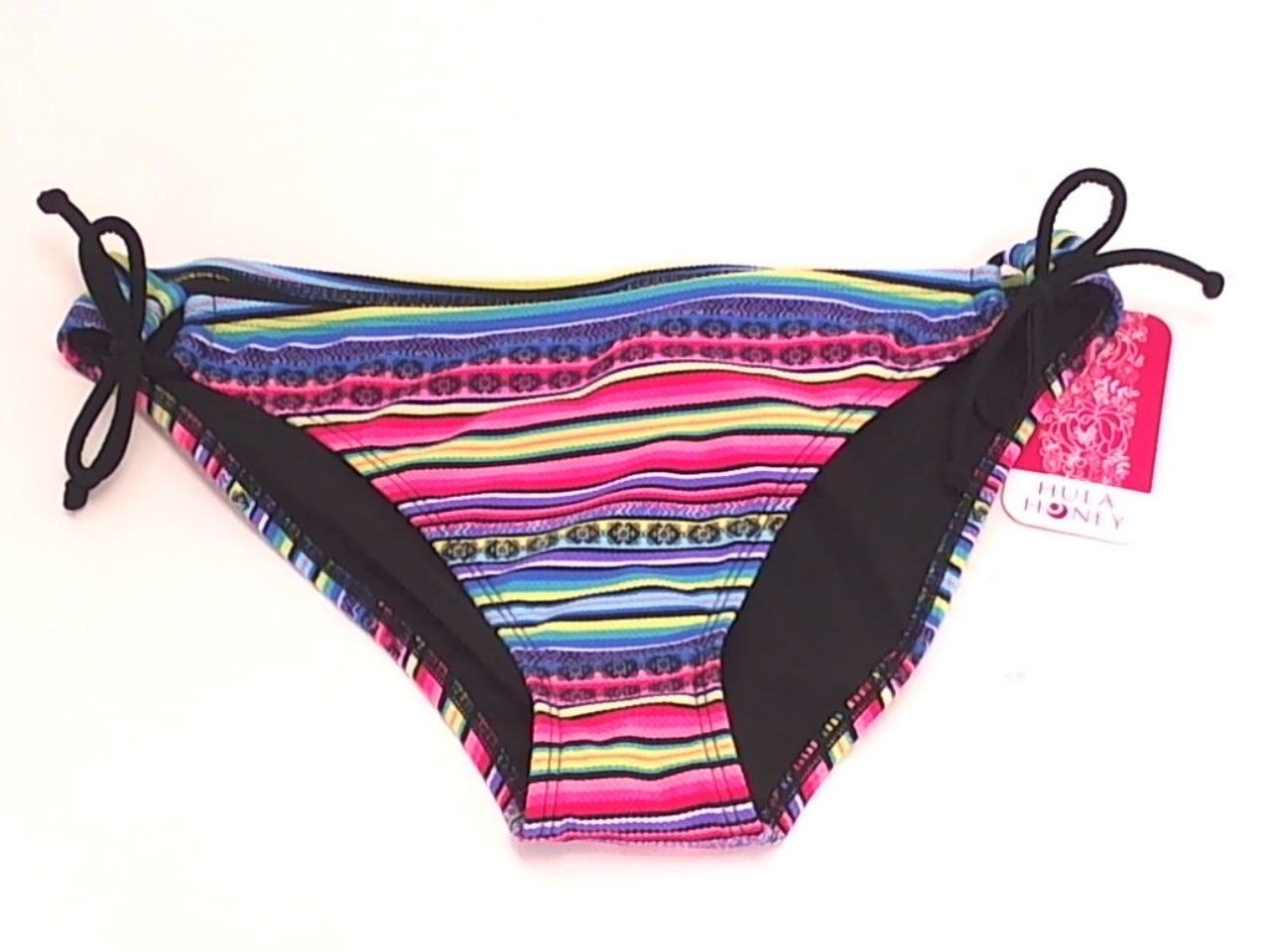 Hula Honey Womens Black Printed Striped Side Tie Bikini Swim Bottom Separates S