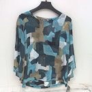 JM Collection Womens Geometric Embelished Chiffon Overlay Flutter Sleeve Top S
