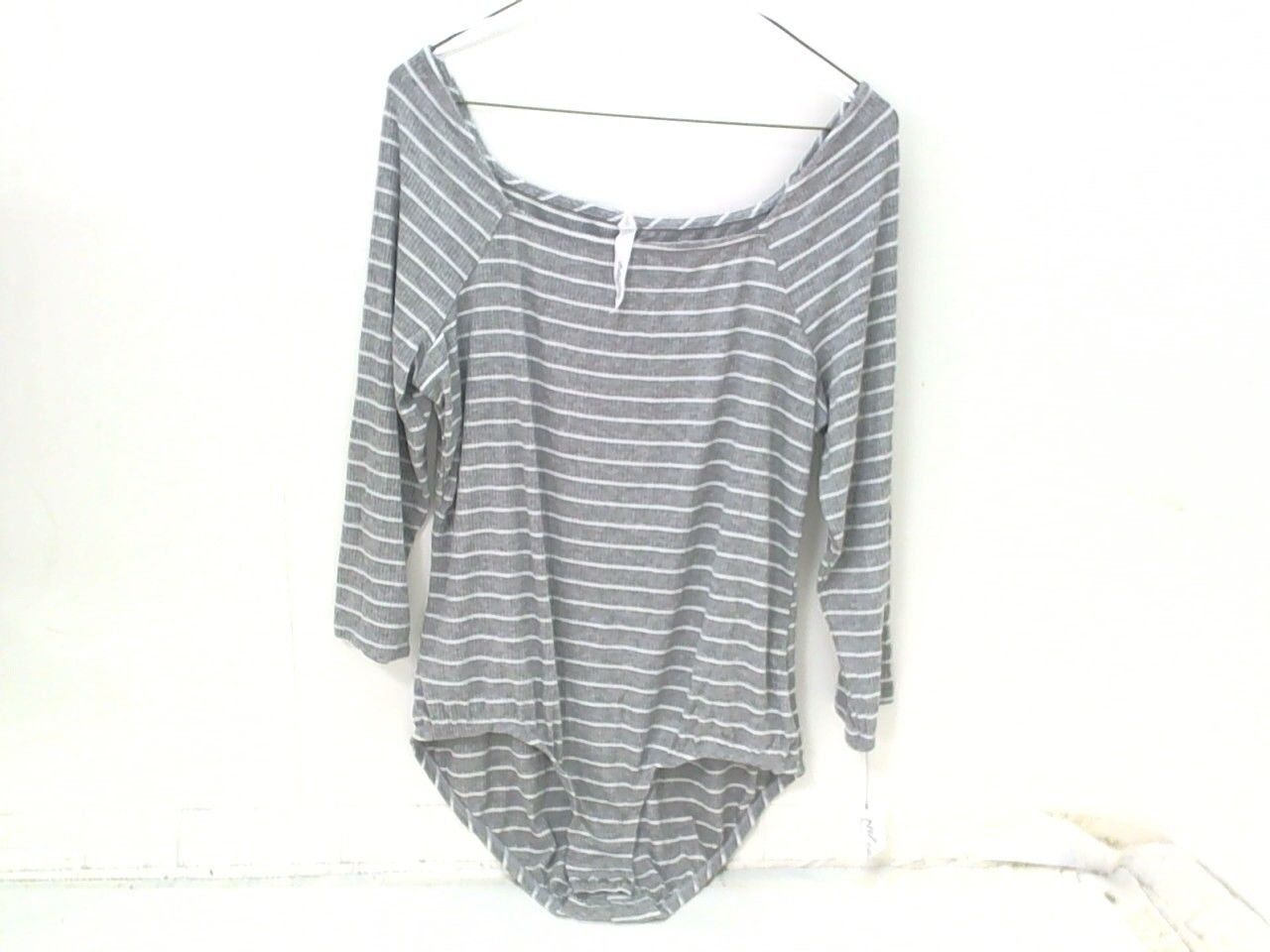 NY Collection Womens Bodysuit Striped Grey/White Square Neck Leotard Large