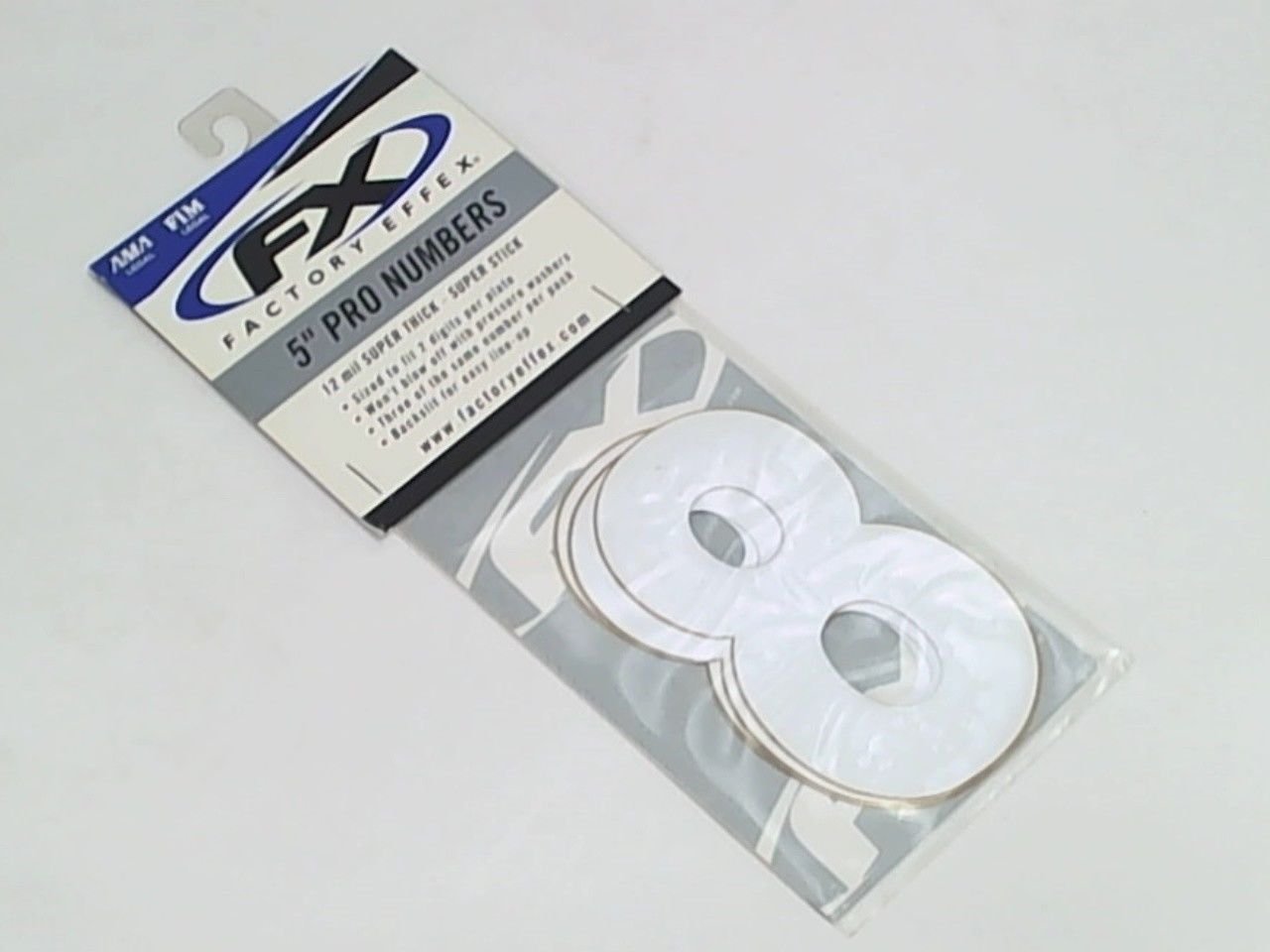FX 5" Factory Numbers 3-Pack White No. 8 AMA FIM NMA Legal Graphic Number Plate