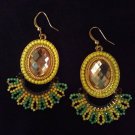 Tassel earrings dangle fan Artisan Beaded rhinestone Boho Chic Yellow lime hook