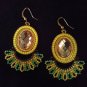 Tassel earrings dangle fan Artisan Beaded rhinestone Boho Chic Yellow lime hook