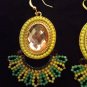 Tassel earrings dangle fan Artisan Beaded rhinestone Boho Chic Yellow lime hook