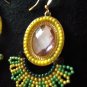 Tassel earrings dangle fan Artisan Beaded rhinestone Boho Chic Yellow lime hook