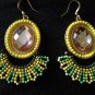 Tassel earrings dangle fan Artisan Beaded rhinestone Boho Chic Yellow lime hook