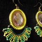 Tassel earrings dangle fan Artisan Beaded rhinestone Boho Chic Yellow lime hook