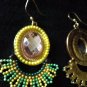 Tassel earrings dangle fan Artisan Beaded rhinestone Boho Chic Yellow lime hook