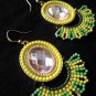 Tassel earrings dangle fan Artisan Beaded rhinestone Boho Chic Yellow lime hook