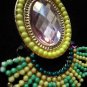 Tassel earrings dangle fan Artisan Beaded rhinestone Boho Chic Yellow lime hook