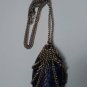 Vintage large faceted teardrop clear blue pendant goldtone chain necklace 24"