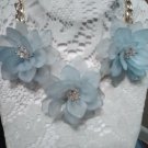 Pale Pastel Blue Opaque Statement Floral 3 Flower Crystal bead Bib Necklace