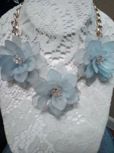Pale Pastel Blue Opaque Statement Floral 3 Flower Crystal bead Bib Necklace