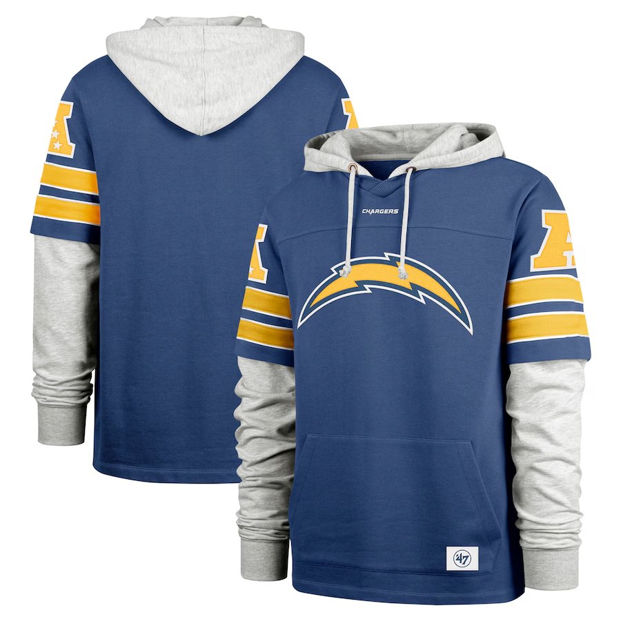 Men's Pullover Hoodie '47 Los Angeles Chargers Double Header Blitz Royal Cornerback S-3XL