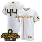 Men's Yordan Álvarez #44 Astros 2023 Space City Champions Flex White Gold Stitched Baseball Jersey