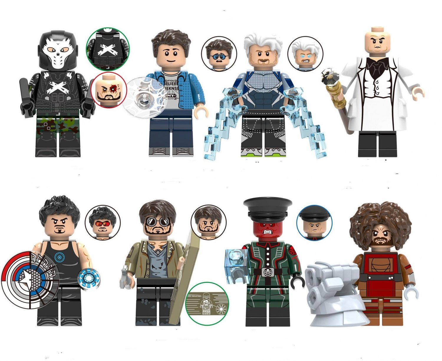 8pcs Tony Stark Crossbone Pete Paker Kingpin Red Skull Quicksilver Dwarf Minifigures