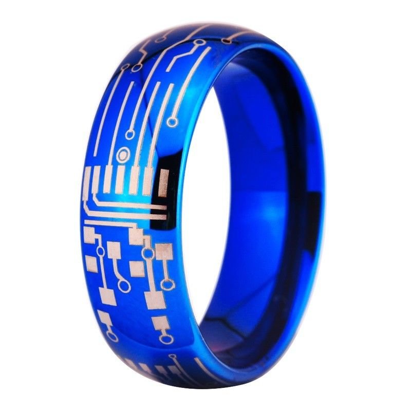 8MM Shiny Blue Dome CIRCUIT BOARD Design New Men's Fashion Tungsten Ring