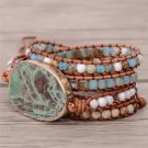 Latest 2018 - 5X Leather Wrap Beaded Bracelet Huge Oceanstone Bracelet