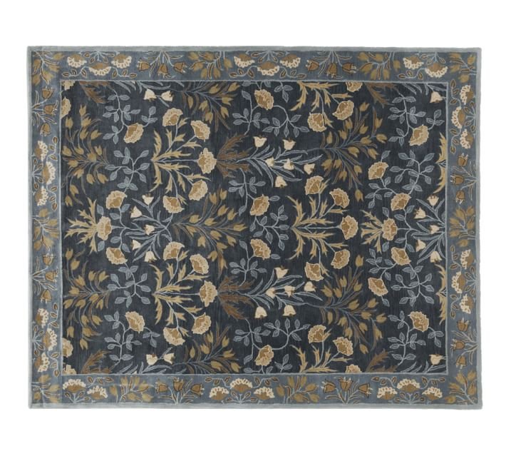 POTTERY BARN Adeline Blue 5X8 Floral Style Handmade Wool Rug & Carpet