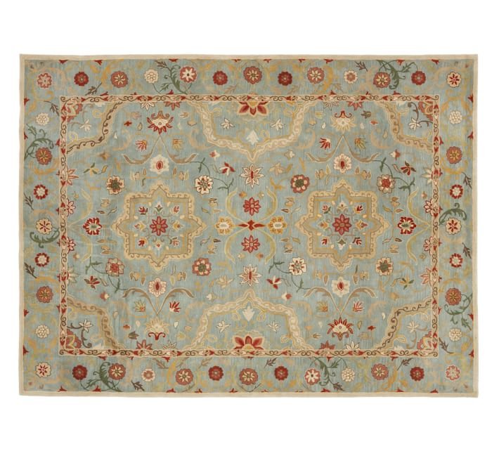 POTTERY BARN Leslie Blue 5X8 Floral Style Handmade Wool Rug & Carpet