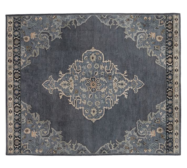 POTTERY BARN Bryson Indigo 9X12 Persian Style Handmade Wool Rug & Carpet