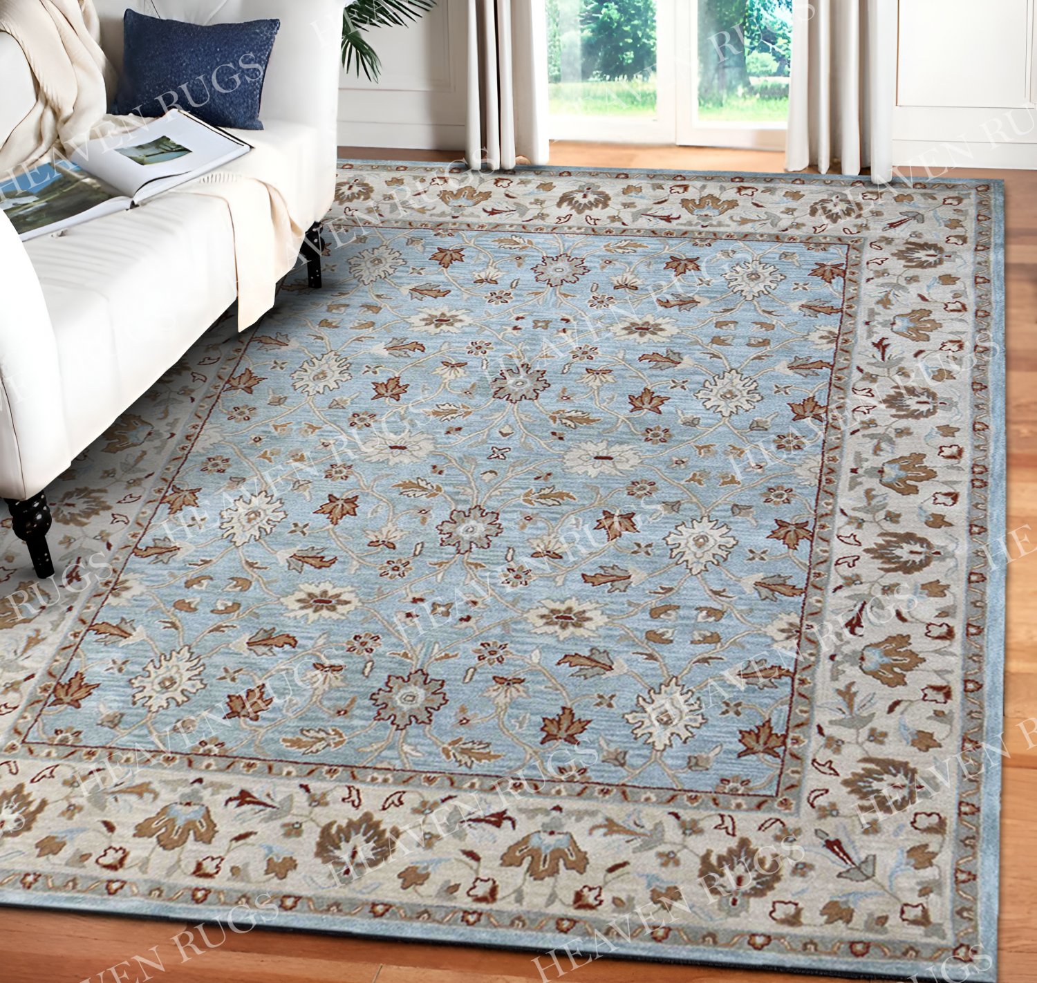 Malika Multi Vintage Blossom Area Rug in Light Blue and Beige  Fine Wool Pile