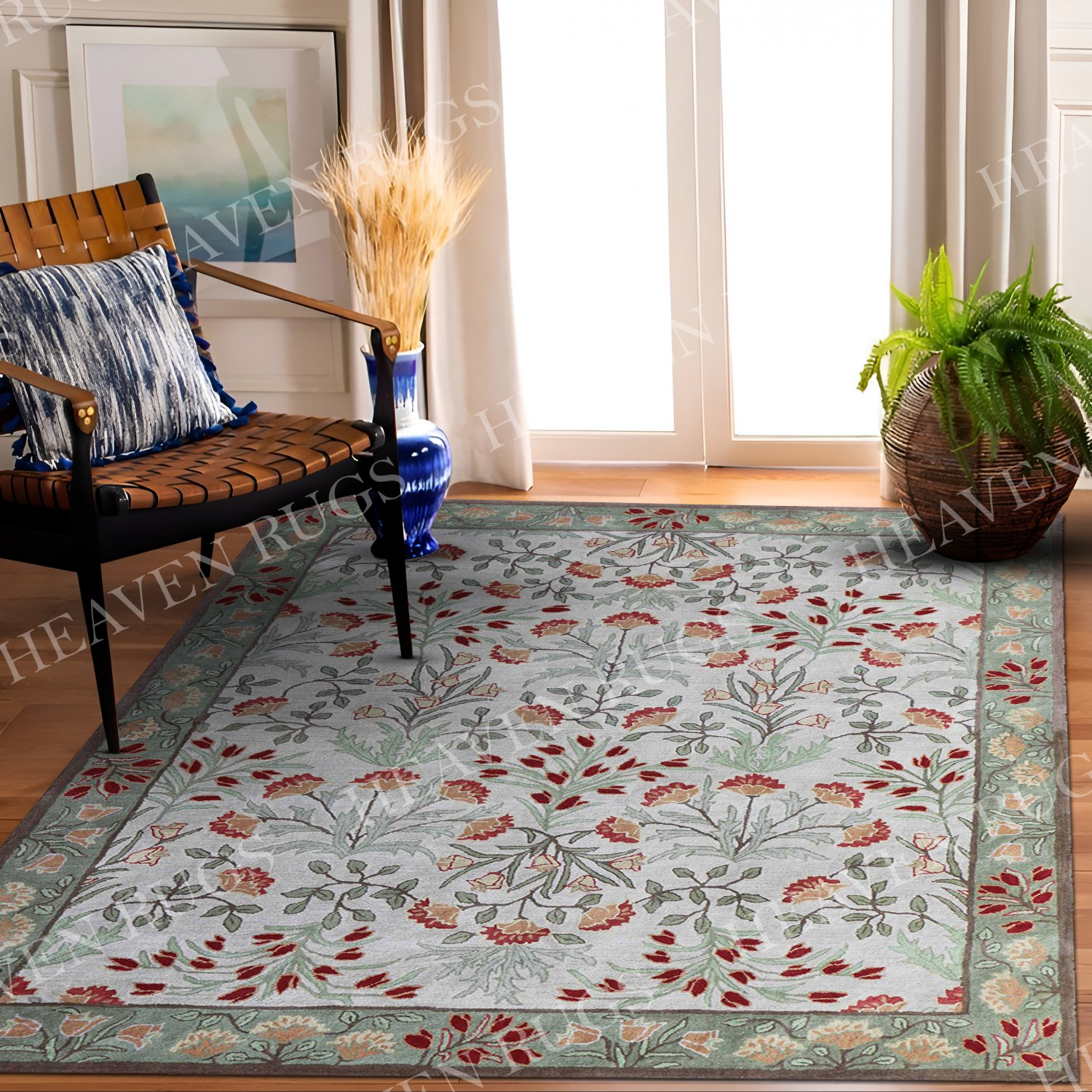Adeline Multi Blue Handmade Rugs Flower Collection Area Rug Fine Wool Pile & in Living Room Bedroom