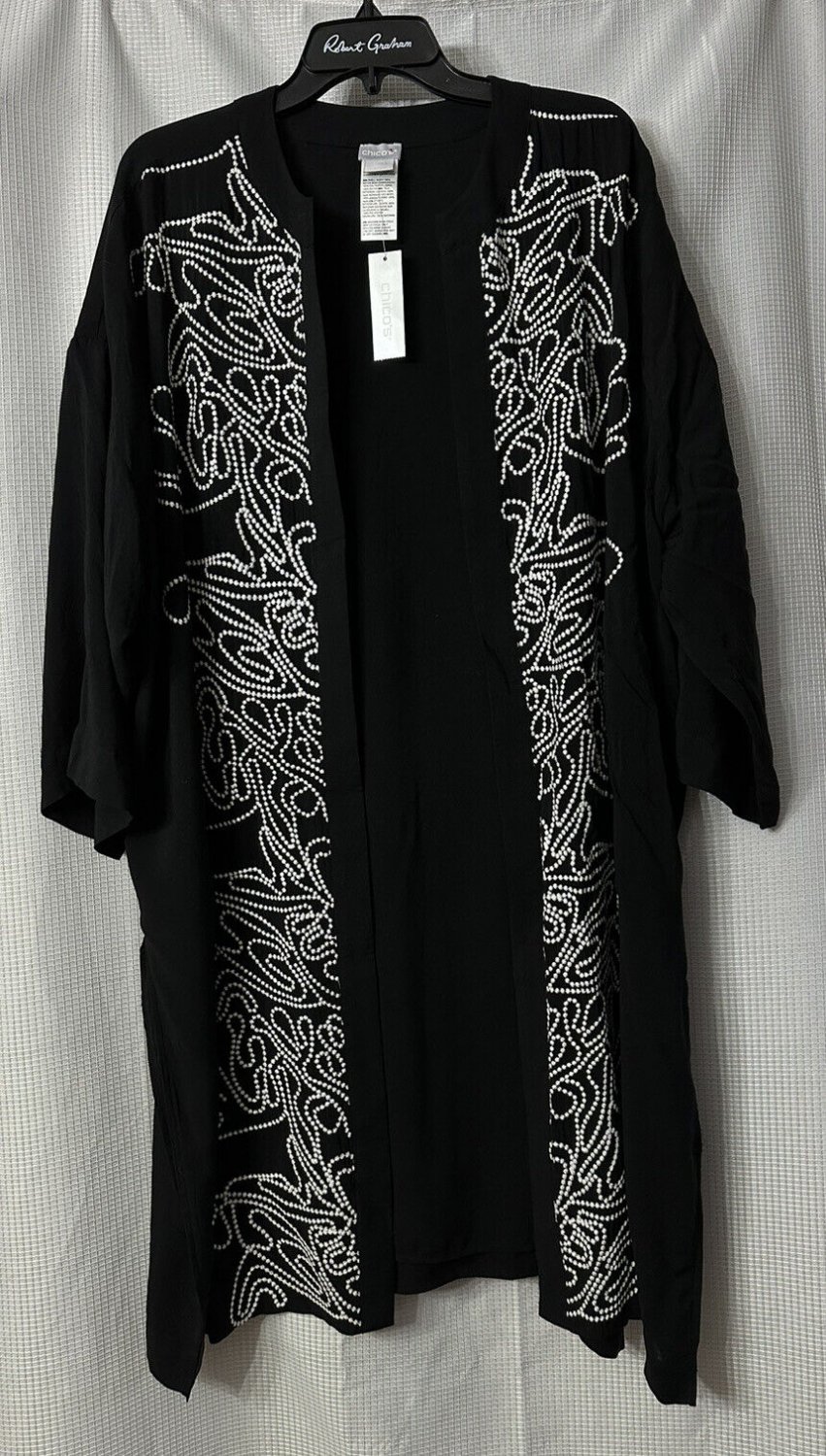 NWT Chicos Womens Black White Embroidered Kimono Coverup Top Size L/XL $149