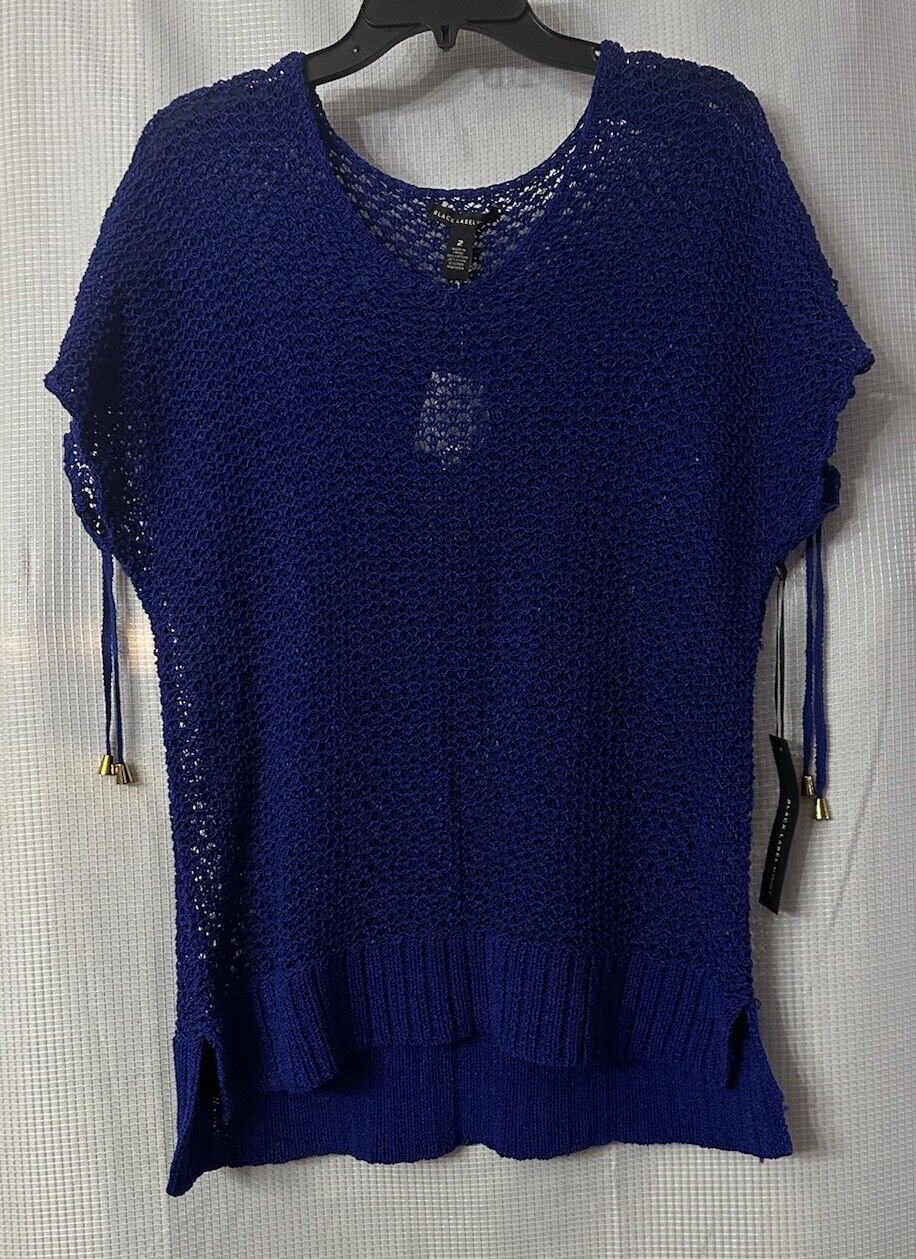 NWT Black Label by Chicos Womens Short Sleeve Blue Open Knit Sweater Top Size 2
