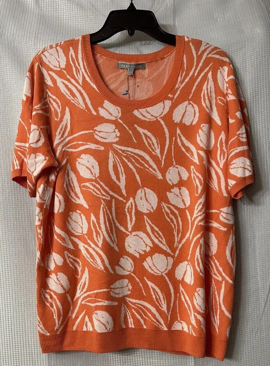 NWT Daniel Rainn Womens Penelope Short Sleeve Intarsia Pullover Top Shirt XL