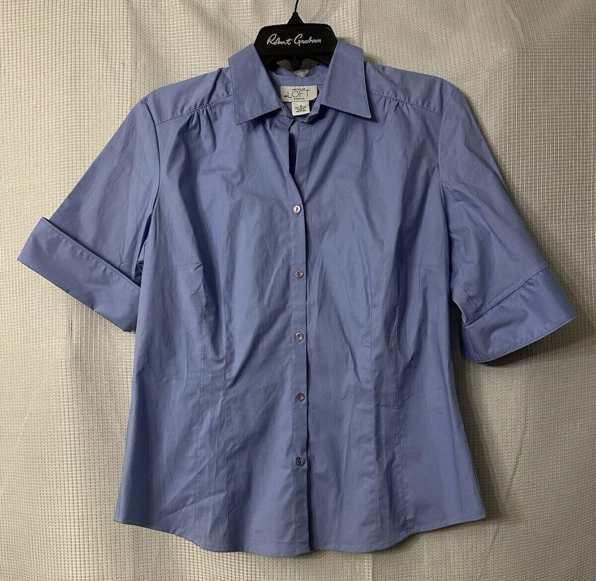 NWT Ann Taylor LOFT Womens Short Sleeve Button Front Blue Top Blouse Shirt 12