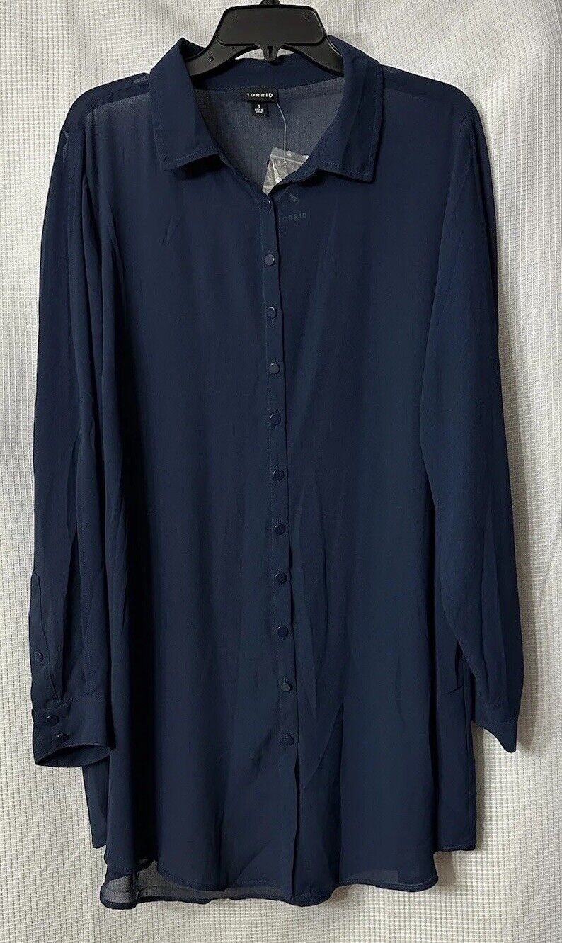 NWT Torrid Womens Navy Blue Long Sleeve Button Cold Shoulder Top Shirt Size 1X