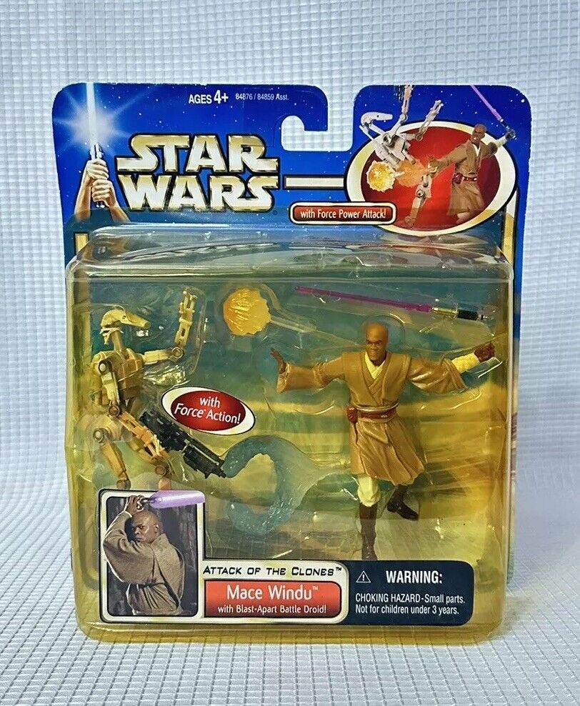 Star Wars AOTC Episode II Deluxe Mace Windu with Blast Apart Battle Droid NIP