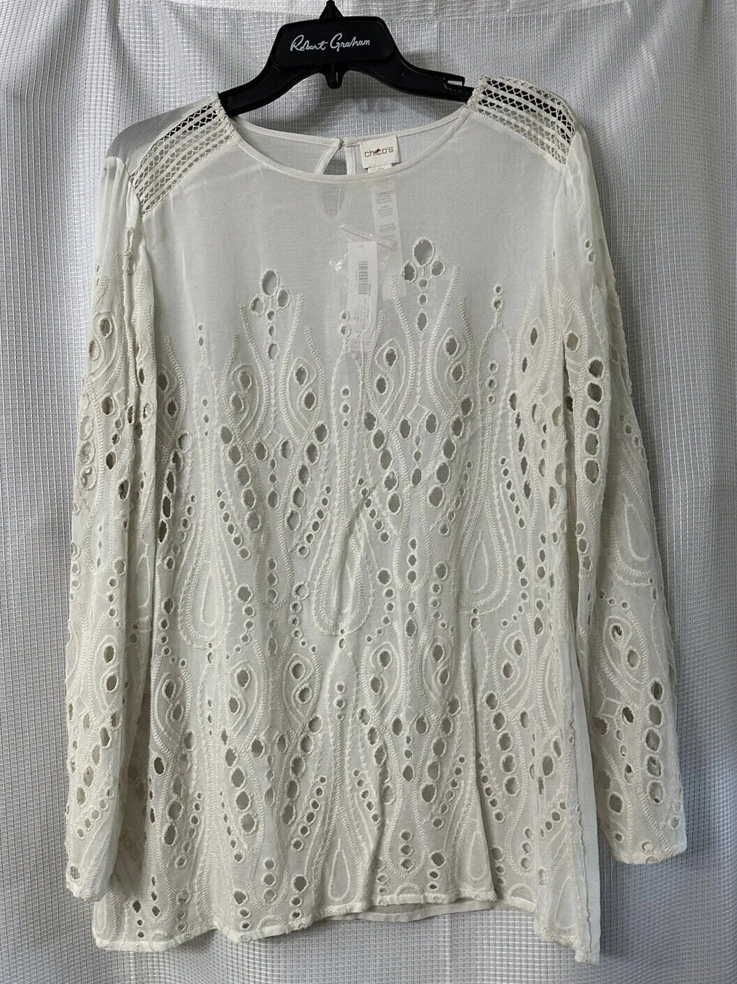 NWT Chicos Womens Long Sleeve White Novelty Eyelit Mix Tunic Top Blouse Size 2