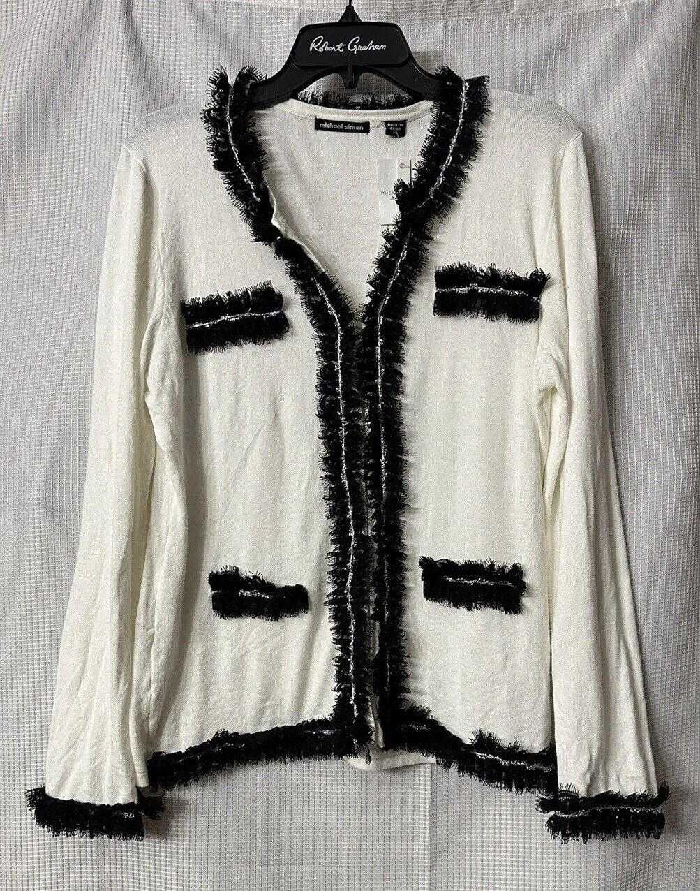 NWT Michael Simon Womens Long Sleeve Ivory Black Sweater Jacket Size PL