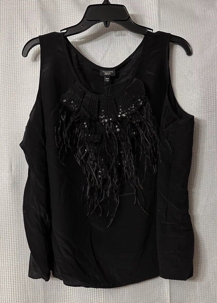 NWT Talbots Womens Black Ostrich Feather Silk Tank Top Blouse Shirt Plus 18WP