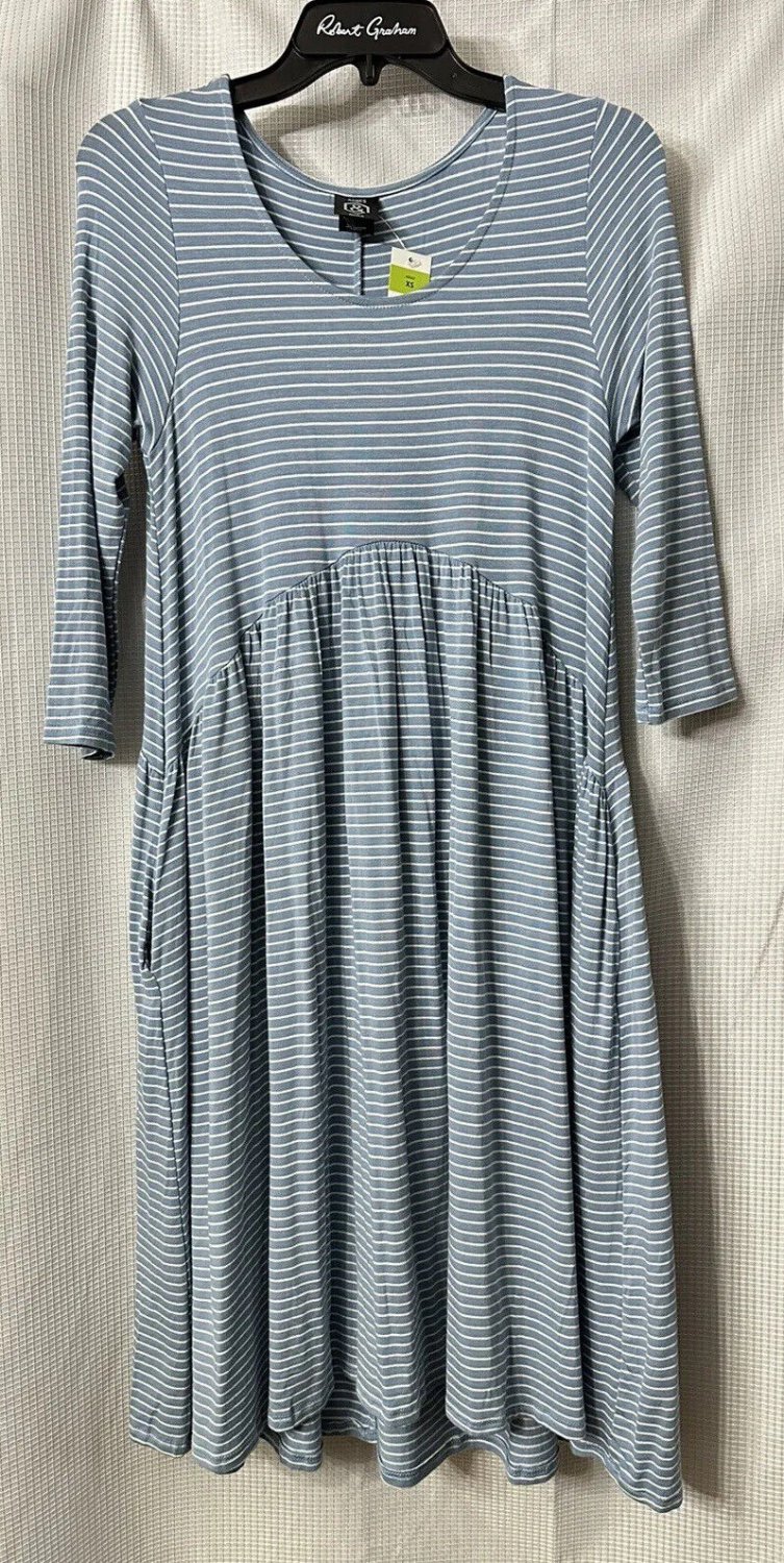 NWT Agnes & Dora Womens Blue White Stripe 3/4 Sleeve Casual Oakley Dress Size XS