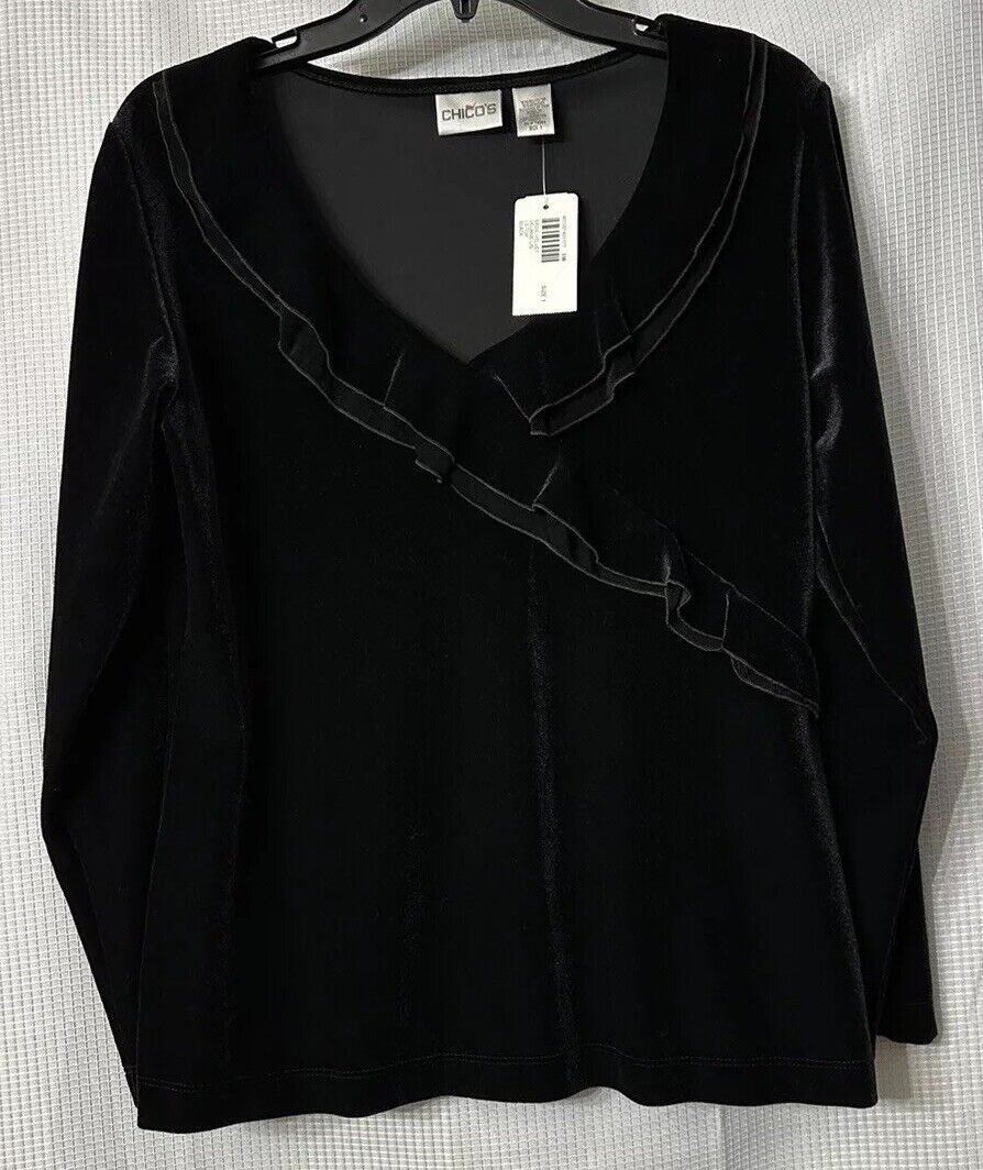 NWT Chicos Womens Basic Velvet Delanie Black Long Sleeve Top Blouse Shirt Size 1