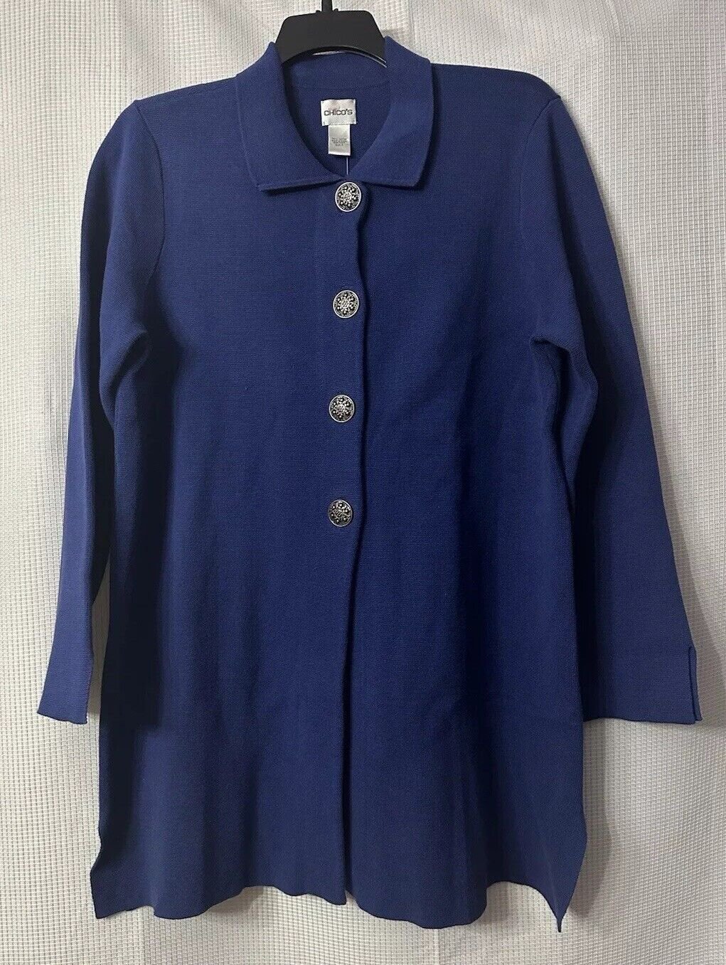 NWT Chicos Womens Posh Topper Decorative Button Blue Coat Jacket Size 3
