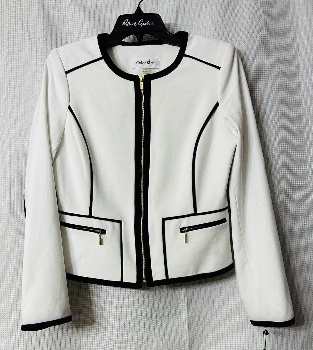 NWT Calvin Klein Womens White Black Zipped Long Sleeve Jacket Coat Size 10P
