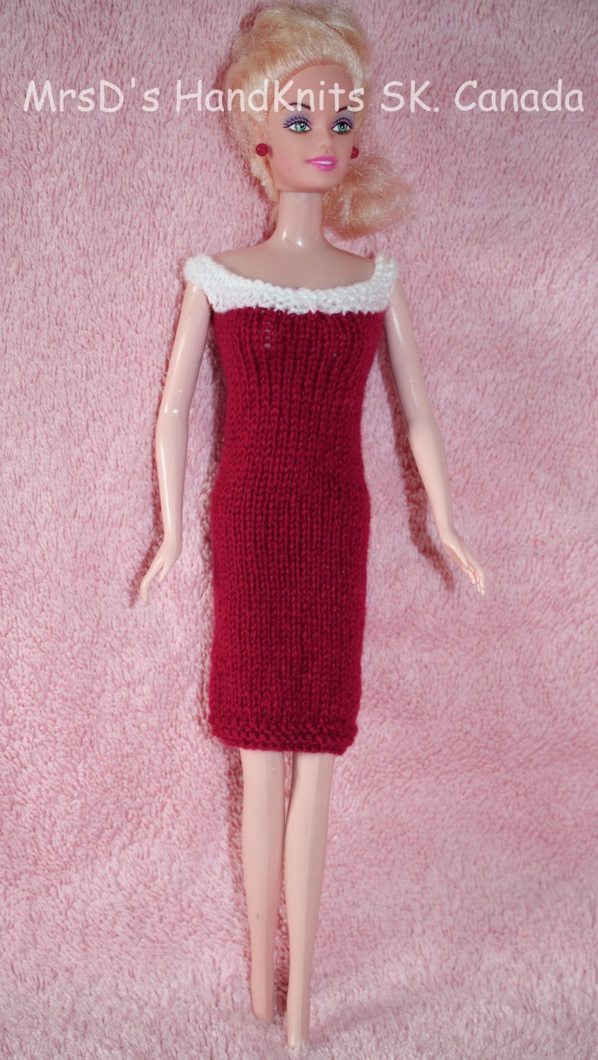 Hand Knit 11-1/2 Inch Fashion Dolls Short Dress Red with White Neckline