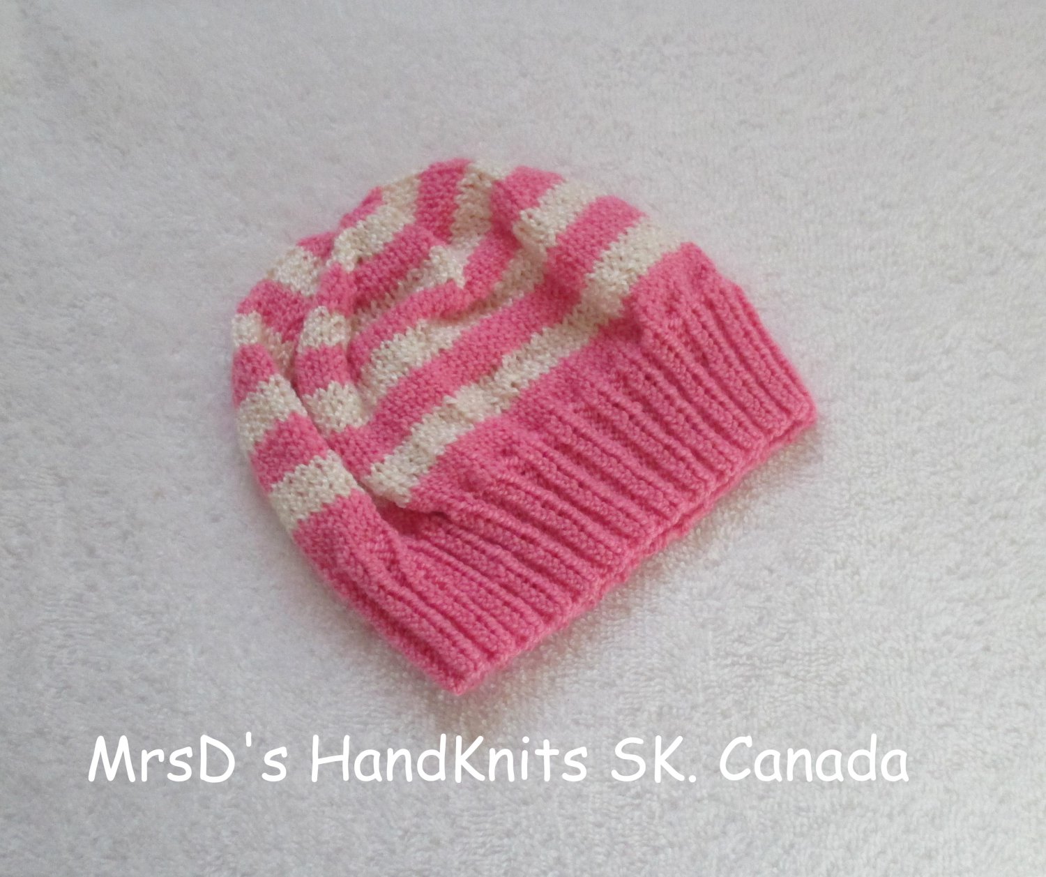 Hand Made Hand Knit Baby Beanie Hat Rose Pink & Cream