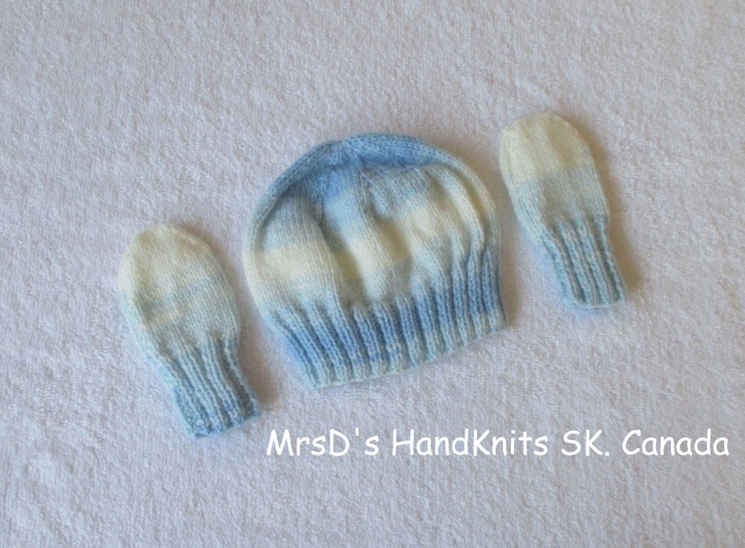 Handknit Baby Hat & Mittens in Shades of Bue and White