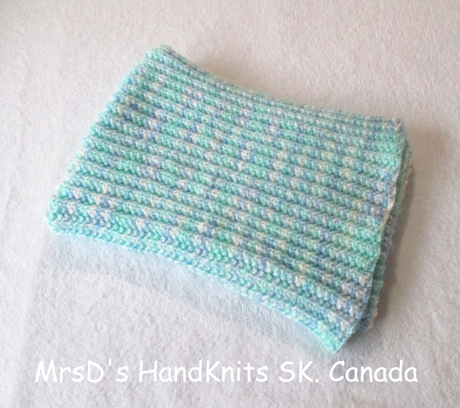 Handknit White Blue Aqua Mix 21 X 31 Inches Baby Blanket Afghan Lap Blanket