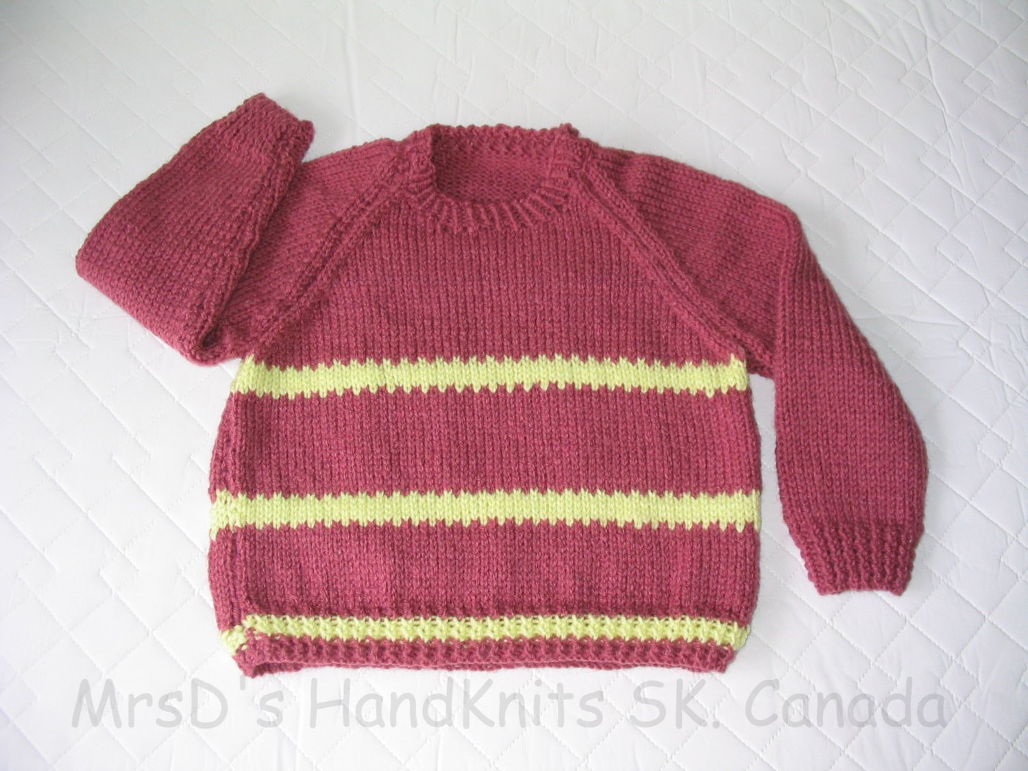 Hand Knit Child's Pullover Sweater Burgundy Brown with Yellow Striping