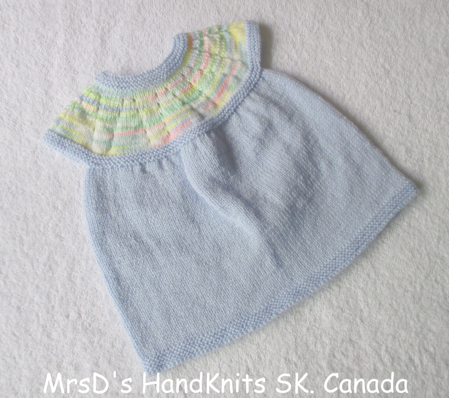 HandKnit Baby Short Sleeve Sweater Dress Tunic Top Blue with Pastels Mix 6-9 Mos