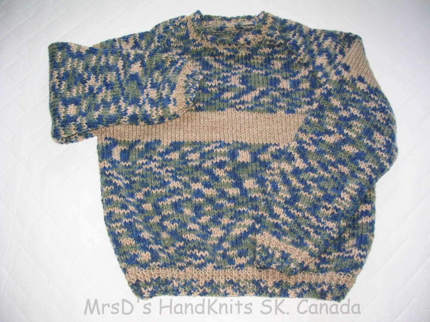 Hand Knit Child's Pullover Sweater Variegated Green Blue Beige Mix