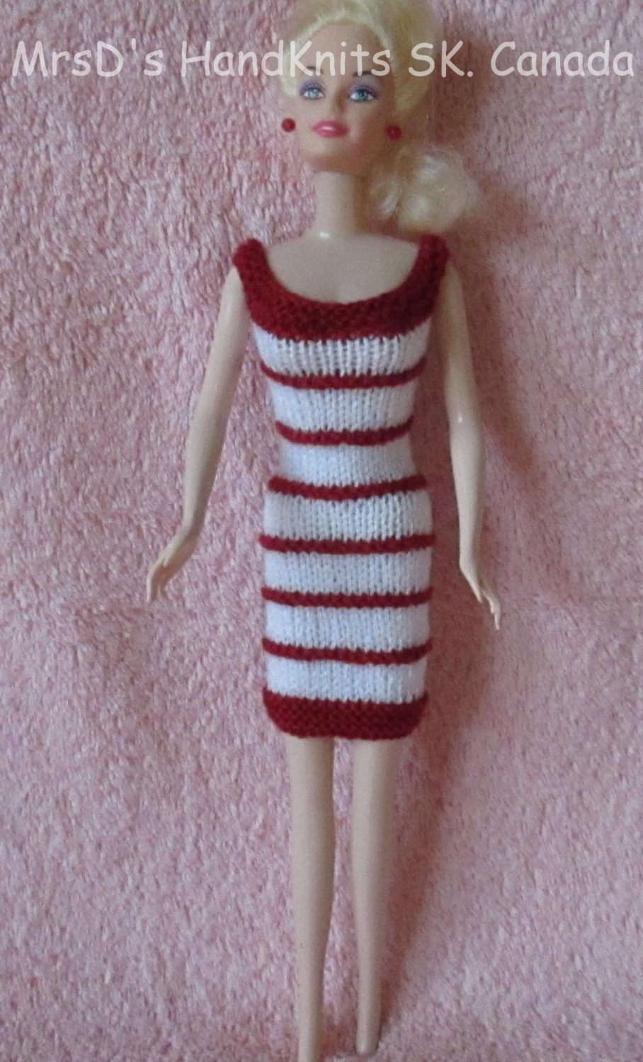 Hand Knit Doll Dress 11.5 Inch Fashion Doll Short Red & White Striped Dress