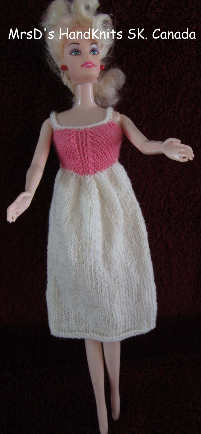 Hand Knit Hand Made 11.5 Inch Fashion Dolls Dress Off-White with Rose Pink
